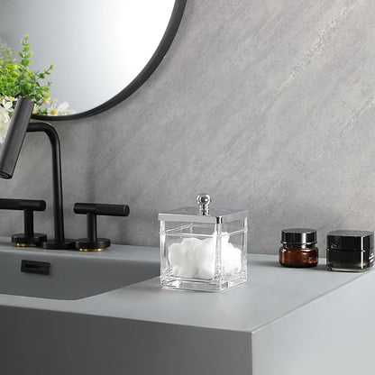 Indecor Home Apothecary Glass Cotton Jar Holder Silver Stainless Steel Lid, Elegant Bathroom Storage Canister for Qtips, Cotton Balls, Floss, Makeup Organizer, Vanity Bathroom Organization