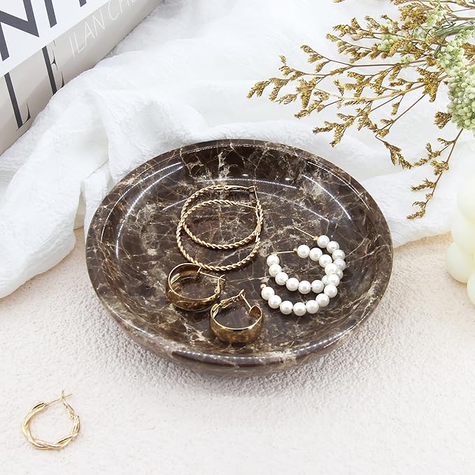 Small Natural Marble Jewelry Tray Key Plate Holder Dish Trinket Decor Catch All Bowl for Ring Earring Stone Gift for Women Daugther,Dark Brown