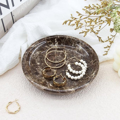 Small Natural Marble Jewelry Tray Key Plate Holder Dish Trinket Decor Catch All Bowl for Ring Earring Stone Gift for Women Daugther,Dark Brown