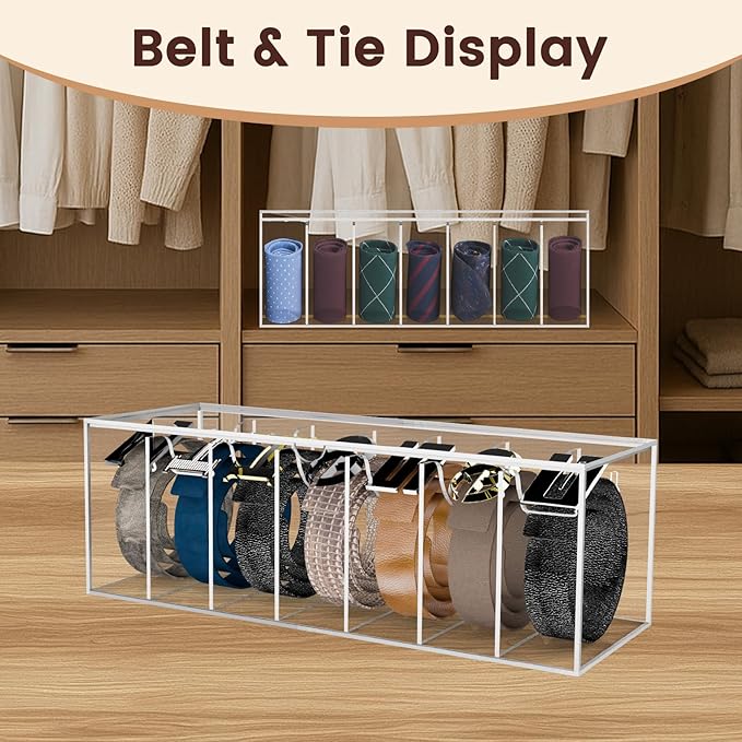 SIKWO Acrylic Belt Organizer with Separated Cover, 7 Compartment Clear Storage Case for Belts, Ties & Bow Ties | Closet & Drawer Display Holder for Men & Women Dust-proof Rack