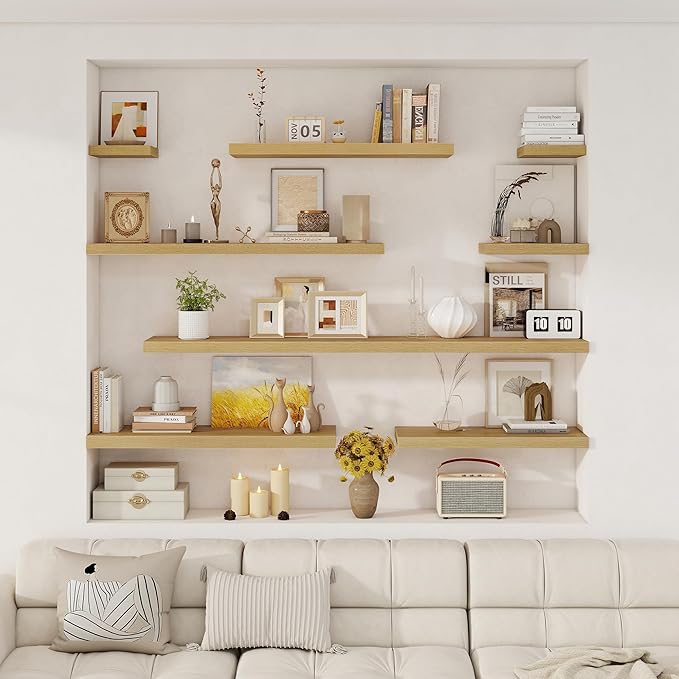 Fun Memories Small Floating Shelves for Wall - 8 Inch Square Wall Shelves with Invisible Brackets, Oak Shelves for Bathroom, Living Room, Bedroom, and Kitchen Decor, Set of 3