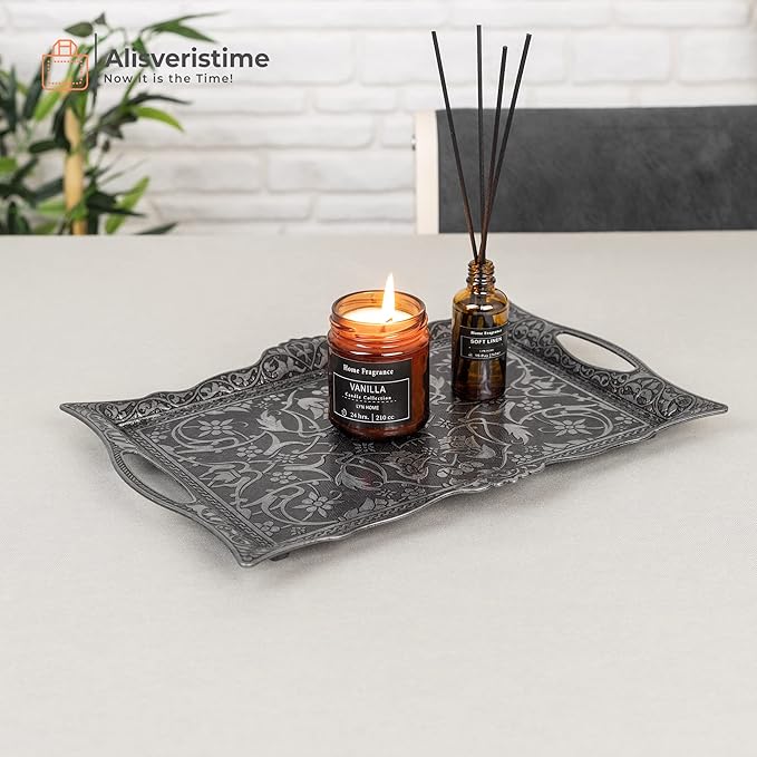 Alisveristime Ottoman Turkish Zamak Serving Tray with Traditional Motifs, Ideal for Coffee and Tea - Six Person Tray (14.5 x 9.85 in) (Black)