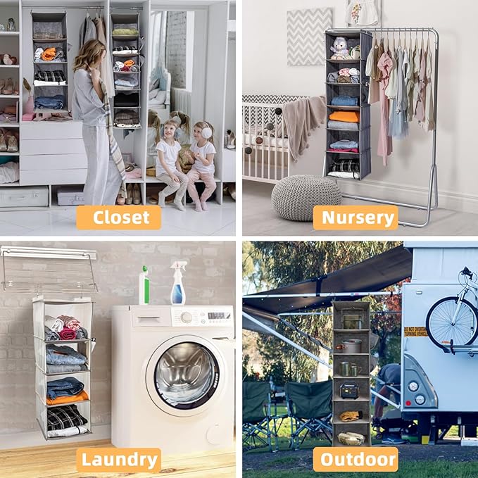 6-Shelf Hanging Closet Organizer and Storage, Collapsible Hanging Shelves for Closet with 2 Side Pockets, Hanging Shoe Organizer to Saving Space,Black