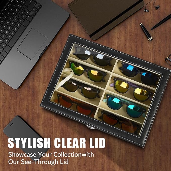 BNFHTD 8-slot synthetic leather Sunglasses Organizer Case for Eyeglasses and Glasses, glasses holder, Includes Cleaning Cloth, for desk and travel