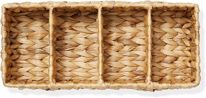 Casafield Set of 2 Water Hyacinth Basket Organizers with 4 Sections, Natural - Woven Storage Bins for Bathroom, Laundry, Pantry, Office, Shelves