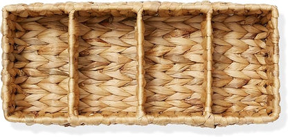 Casafield Set of 2 Water Hyacinth Basket Organizers with 4 Sections, Natural - Woven Storage Bins for Bathroom, Laundry, Pantry, Office, Shelves