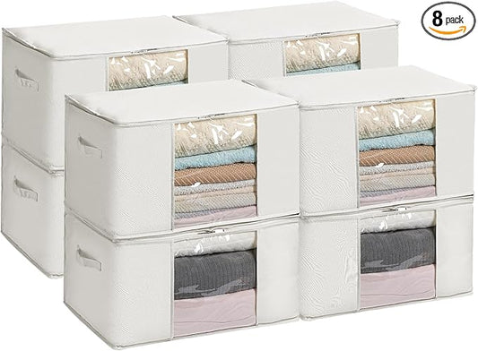 TYEERS Large Storage Bags with Zipper and Clear Window, Cotton Blended Fabric Storage Containers for Seasonal Clothes and Bedding, 23.6x15.7x13.8 Inches, 8-Pack, Beige