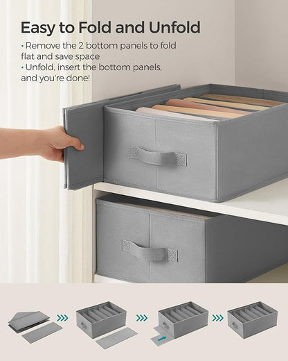 SONGMICS Set of 6 Large Size Wardrobe Clothes Organizers, 6-Compartment Foldable Drawer Organizers with Handles, 16.5 x 11.8 x 6.7 Inches, for Pants, Sweaters, Jeans, Dove Gray URUS009G03