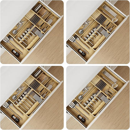 Bamboo Silverware Drawer Organizer, 17.7-29.5 Inch Expandable Large Kitchen Drawer Organizer, 5-8 Slot Flatware with Removable Card Slots & Knife Block for Spoon Butter Knive, Natural