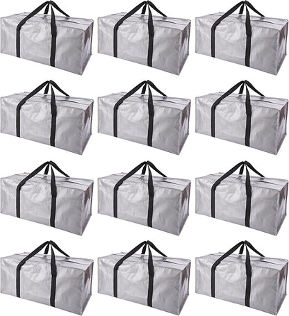 PANDA JOYS Extra Large Moving Bags with Zippers & Carrying Handles, Heavy-Duty Storage Tote for Space Saving Moving Storage, Fold Flat, Alternative to Box and Bin - 12 Pack, Silver
