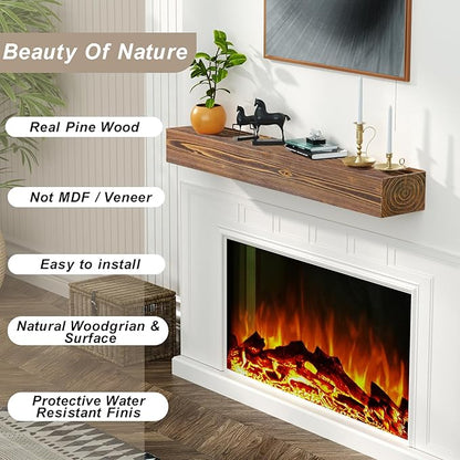 ROOMTEC Fireplace Mantel, 48" Wall Mounted Wood Display Shelving, Handcrafted Natural Mantels Over Fireplace | 48" x 8" x 5" - Brown