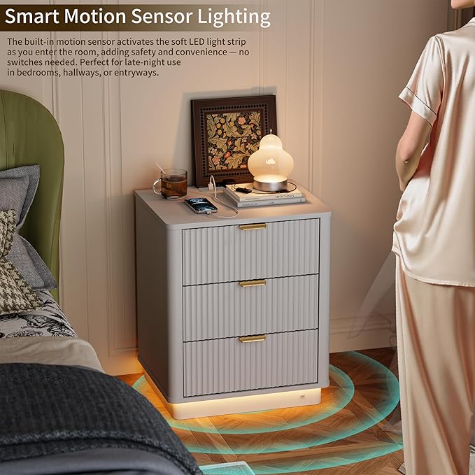 BONITURE Fluted Night Stand Set of 2, Curved Nightstands with Charging Station Lighting, Wood End Table with 3 Drawers, Modern Side Table Storage Cabinet for Bedroom Office,(2, White)