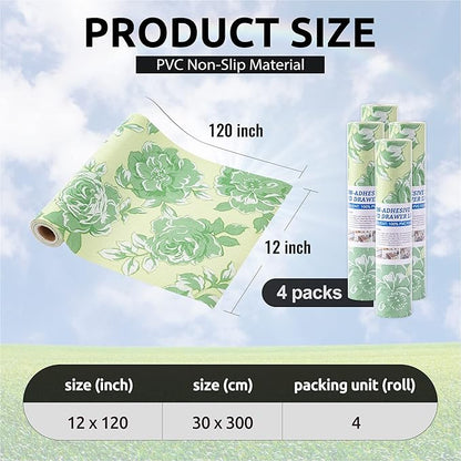 FIFTY FEET 12X120 Inch Shelf Liner for Kitchen Cabinets, PVC Drawer Liner for Dresser Non-Slip Bathroom, Non-Adhesive Cabinet Liner Washable (Green Flower)(4 Roll)