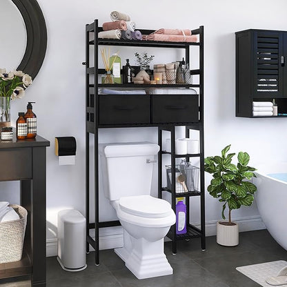 SMIBUY Over-The-Toilet Storage Rack, 6-Tier Bamboo Large Bathroom Organizer with Side Shelves and 2 Drawers, Stable Freestanding Space Saver for Bathroom, Laundry Room(Black)