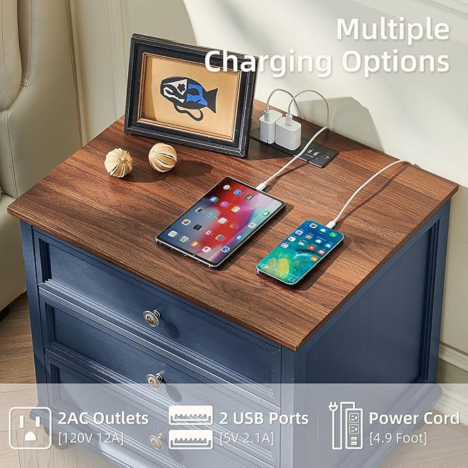 Joaxswe Farmhouse Nightstand with Charging Station, 24" Wide End Table with 3 Drawers,Blue Wood Dresser for Bedroom, Bed Side Table Chest of Drawers Cabinet,Night Stand for Living Room, Closet