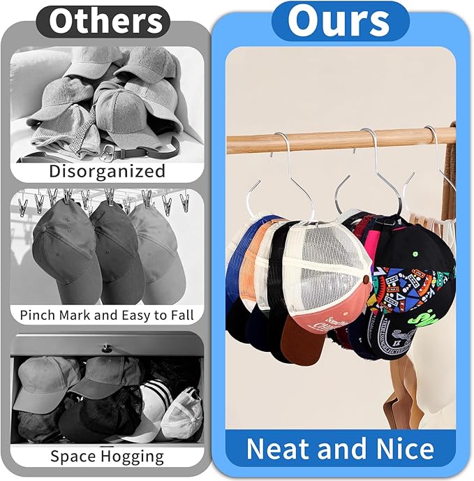 Adanluxe 6 Packs Hat Hangers for Closet, Premium Hat Organizer for Baseball Caps, Cap Rack for Organizers and Storage, Space Saving Hangers Holder 50 Hats and Usable for Belt, Scarf, Tie, Bra, Purse