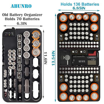 Battery Organizer Storage Case with Tester, Stores & Protects Up to 136 Batteries, Holds AAA AA C D 9V Button Cell with Clear Locking Lid for Home & Garage (Holds 136 Batteries)