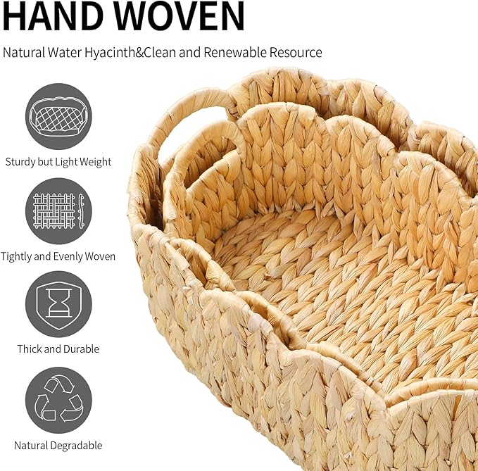 Scalloped Basket,Water Hyacinth Basket for Organizing and Decor,Hand-Woven Rattan Baskets with Built-In Handles for Living Room,Bedroom,Laundry,2 Pack