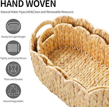 Scalloped Basket,Water Hyacinth Basket for Organizing and Decor,Hand-Woven Rattan Baskets with Built-In Handles for Living Room,Bedroom,Laundry,2 Pack