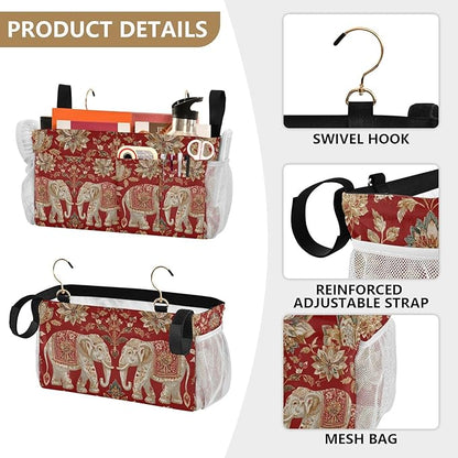CuwrYet Bedside Caddy Hanging Bunk Bed Caddy Bed Organizer Hanging Pocket with 2 Hooks Bedside Storage Organizer Pocket Bag Holder Red Retro Elephant Flowers