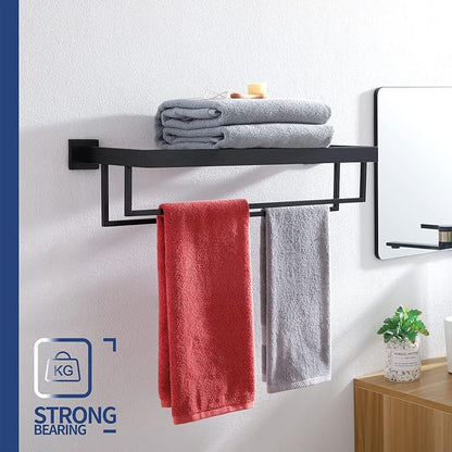 KOKOSIRI Matte Black Towel Rack 24'' Bathroom Towel Shelf with Double Towel Bars SUS304 Stainless Steel Wall Mounted, B6003BK