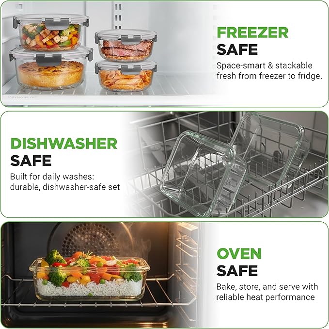 Superior Glass Food Storage Containers - 24-Piece Stackable Glass Meal-prep Containers w/Newly Innovated Hinged BPA-Free 100% Leakproof Locking Lids - Freezer-to-Oven-Safe - NutriChef NCGLGY (Gray)