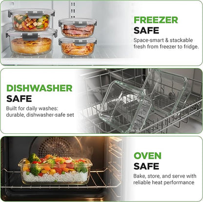 Superior Glass Food Storage Containers - 24-Piece Stackable Glass Meal-prep Containers w/Newly Innovated Hinged BPA-Free 100% Leakproof Locking Lids - Freezer-to-Oven-Safe - NutriChef NCGLGY (Gray)
