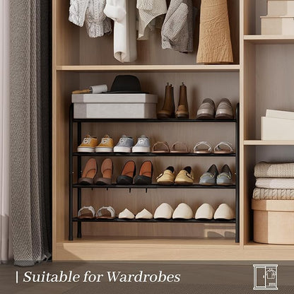 Expandable Shoe Rack, 4-Tier Metal Small Shoe Rack, Adjustable Shoes Organizer, Storage Shelf for Closet, Entryway, Black