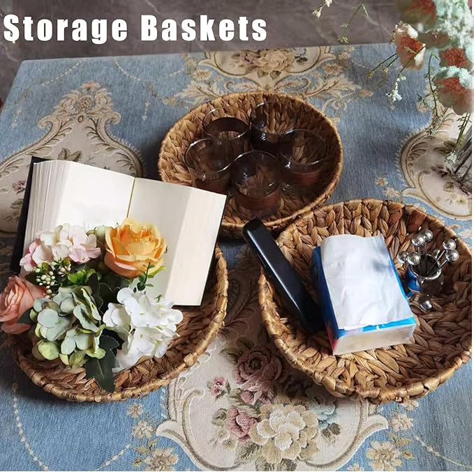 Set of 3 Round Wicker Baskets for Organizing, Water Hyacinth Storage Basket, Rattan Fruit Basket Handwoven Bread Basket for Serving Shelves Kitchen