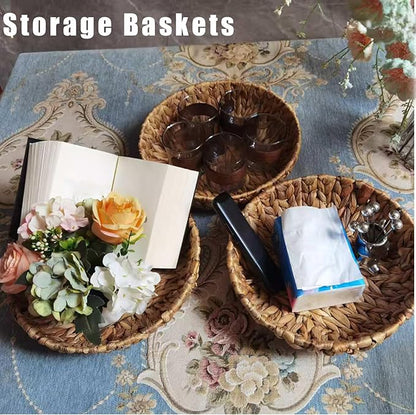 Set of 3 Round Wicker Baskets for Organizing, Water Hyacinth Storage Basket, Rattan Fruit Basket Handwoven Bread Basket for Serving Shelves Kitchen
