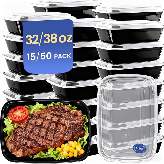 Eco Maicoco 50 Pack 32 oz Meal Prep Containers Reusable BPA Free, Plastic Food Storage Containers with Lids, Leakproof Airtight To-Go Food Containers, Microwave & Freezer Safe