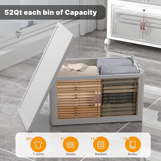 Extra Large Stackable Storage Bins, Lockable Storage Bins with Lids, Folding Storage box with Doors and Wheels, Collapsible Plastic Drawers for Home, Garage, Office (8, White, Medium)