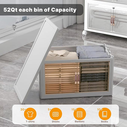 Extra Large Stackable Storage Bins, Lockable Storage Bins with Lids, Folding Storage box with Doors and Wheels, Collapsible Plastic Drawers for Home, Garage, Office (8, White, Medium)