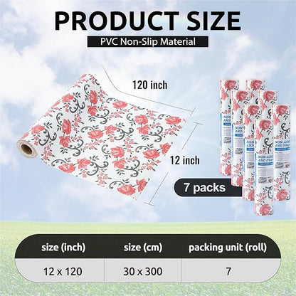 FIFTY FEET 12X120 Inch Shelf Liner for Kitchen Cabinets, PVC Drawer Liner for Dresser Non-Slip Bathroom, Non-Adhesive Cabinet Liner Washable (Red Floral)(7 Roll)