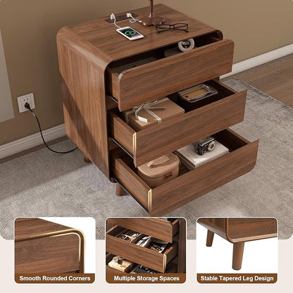 Nasonet Tall Nightstand with Charging Station, Mid Century Modern Nightstands with 3 Storage Drawers, Curved Wood Night Stands for Bedrooms, Walnut