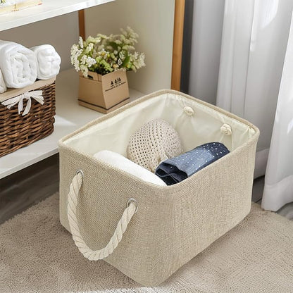 9 Pack Storage Basket Bins & Decorative Baskets Fabric Storage Cubes Containers Bulk W/Handles for Office, Home, Books, Clothes, Bedroom, Closet (Beige)