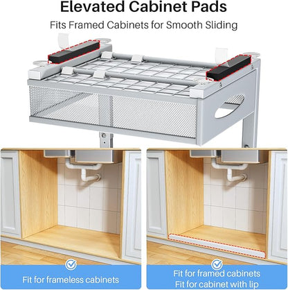 Under Sink Organizer, 2 Tier Pull Out Under Cabinet Organizer Shelf with Pad for Framed Cabinets, Metal Slide Out Under Sink Storage, Mesh Sliding Drawers for Kitchen Bathroom Laundry(Grey, 1 Pack)