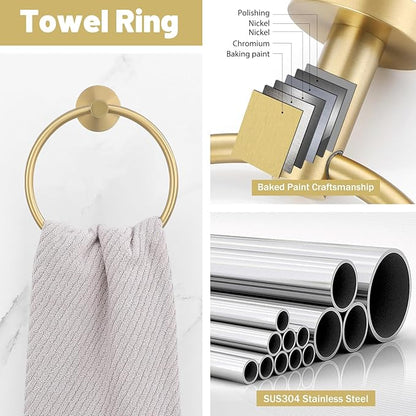 6 Pieces Brushed Gold Towel Bar Bathroom Hardware Set, 23.6Inch Brushed Gold Bathroom Accessories Towel Holder Set, SUS304 Stainless Steel Towel Racks for Bathroom