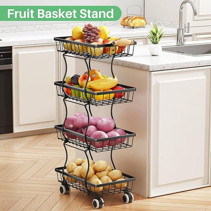 Fruit Basket Kitchen Pantry Organizers and Storage - 4 Tier Stackable Metal Wire Basket Stand for Fruit Vegetable Snacks Jars Bins Containers Organization, Black