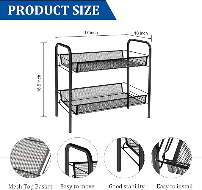 CVHOMEDECO. 2 Tier Fruit Basket Large Capacity Rectangular Metal Fruit Bowl Detachable Metal Fruit Stands Organizer for Kitchen Counter, Bread, Vegetable, Snack and Fruits. Black
