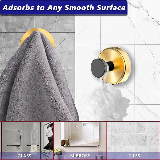 Suction Cup Hooks for Shower,Wreath Hanger for Front Door,Removable No Drill Towel Loofah Hooks,Upgraded 15 lbs Strong Suction for Bathroom,Wall,Glass,Stainless Waterproof- Black Gold 2 Pcs