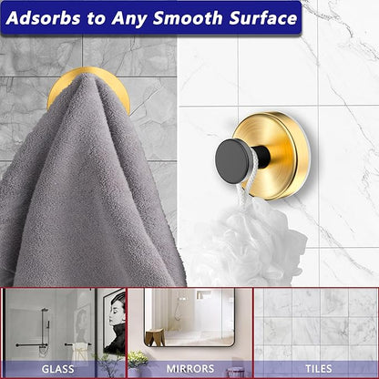 Suction Cup Hooks for Shower,Wreath Hanger for Front Door,Removable No Drill Towel Loofah Hooks,Upgraded 15 lbs Strong Suction for Bathroom,Wall,Glass,Stainless Waterproof- Black Gold 2 Pcs