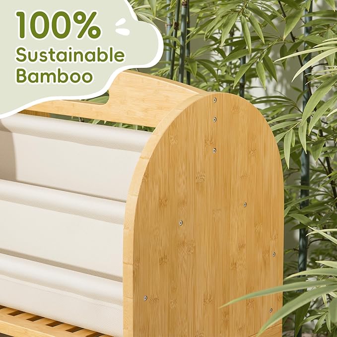 2-Sided, 3-Tier Bamboo Kids Bookshelf, Montessori Shelf with Safe Wheels and Large Storage Drawer, Toddler Bookcase Nursery Book Shelves and Toy Storage for Baby Rooms Playroom Kindergarten