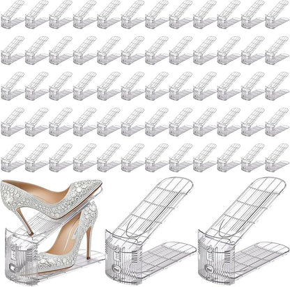 Clear Shoe Slots Organizer with Adjustable Height, Acrylic Closet Stacker Display, Storage Shoe Rack Organizer, Double Layer Holders for Shelf Wardrobe Space Saving(Clear,60 Pack)