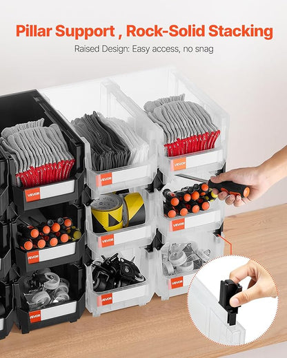 VEVOR Plastic Stackable Storage Bins, 14.8 x 8.5 x 7.1 inch (12 Pack), Plastic Containers for Organizing & Storage Bins for Garage, Small Parts, Office Supplies, Other Accessories, Black & Transparent