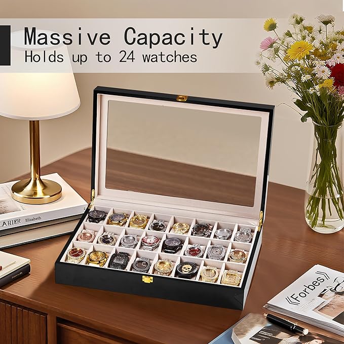 Baojulong 24-Slot Black Wooden Watch Box, Watch Organizer with Clear Lid, Ideal for Watches