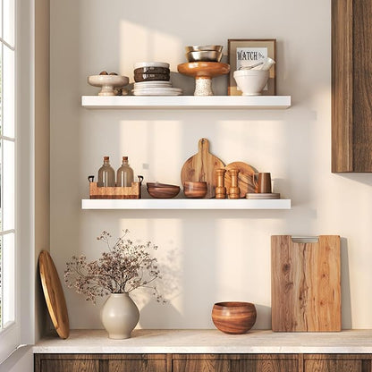 Fun Memories Farmhouse Floating Shelves - 8 Inch Deep Rustic Wood Wall Shelf - Premium Solid Pine Wood Storage Shelf for Kitchen Living Room Bedroom - 30" W x 8" D - Set of 2 - White