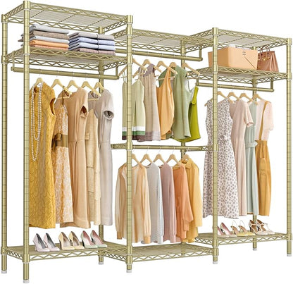 VIPEK V5i Garment Rack Heavy Duty Clothes Rack, Portable Closet Wardrobe Bedroom Armoires Freestanding Clothing Rack with 8 Adjustable Shelves & 4 Hang Rods, 68.9" L x 15.7" W x 76.4" H, Gold