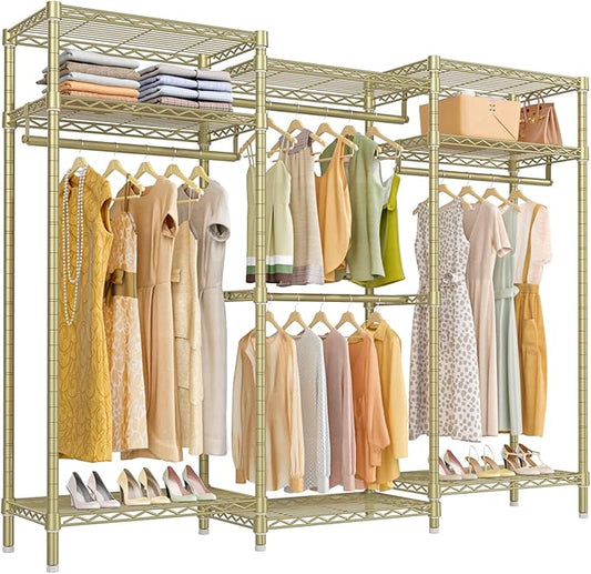VIPEK V5i Garment Rack Heavy Duty Clothes Rack, Portable Closet Wardrobe Bedroom Armoires Freestanding Clothing Rack with 8 Adjustable Shelves & 4 Hang Rods, 68.9" L x 15.7" W x 76.4" H, Gold