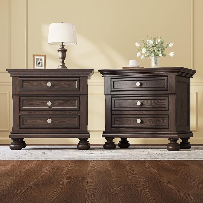AMERLIFE Fully Assembled Nightstand Set of 2, Solid Wood End Table with 2 Storage Drawers, 26" Extra Large Traditional Bedside Cabinet for Bedroom, Dark Brown